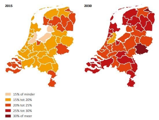prognose van het percentage 65-plussers in 2015 en 2030